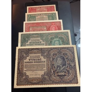 Poland, 1 Marka, 5 Marek, 20 Marek, 500 Marek and 1000 Marek, 1919, XF / UNC, p23, p24, p26, p28, p29, (Total 5 banknotes)