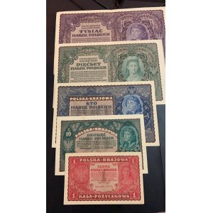Poland, 1 Marka, 10 Marek, 100 Marek, 500 Marek and 1000 Marek, 1919, XF / UNC, p23, p25 p27, p28, p29, (Total 5 banknotes)