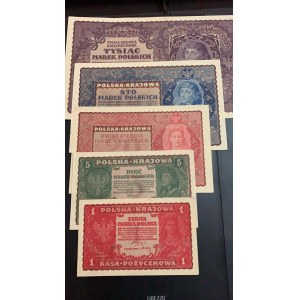 Poland, 1 Marka, 5 Marek, 20 Marek, 100 Marek and 1000 Marek, 1919,  AUNC / UNC, p23, p24, p26, p27, p29, (Total 5 banknotes)