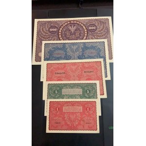 Poland, 1 Marka, 5 Marek, 20 Marek, 100 Marek and 1000 Marek, 1919,  AUNC / UNC, p23, p24, p26, p27, p29, (Total 5 banknotes)