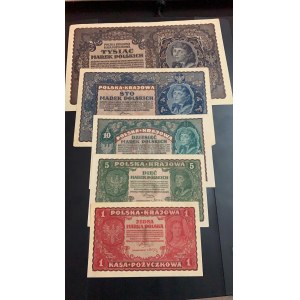 Poland, 1 Marka, 5 Marek, 10 Marek, 100 Marek and 1000 Marek, 1919,  AUNC / UNC, p23, p24, p25, p27, p29, (Total 5 banknotes)