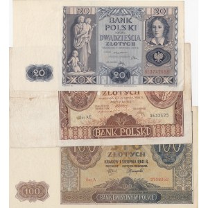 Poland, 20 Zlotych and 100 Zlotych (2), 1932/1941, XF / UNC, p74, p77, p103, (Total 3 banknotes)