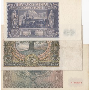 Poland, 20 Zlotych and 100 Zlotych (2), 1932/1941, XF / UNC, p74, p77, p103, (Total 3 banknotes)