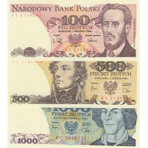 Poland, 100 Zlotych, 500 Zlotych and 1.000 Zlotych, 1982/1988, UNC, p143, p145, p146, (Total 3 banknotes)
