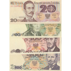 Polond, 20 Zlotych, 50 Zlotych, 100 Zlotych and 200 Zlotych, 1982/1988, UNC, p148, p142, p143, p144, (Total 4 banknotes)