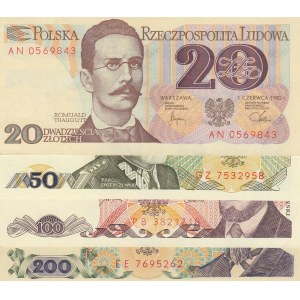 Poland 20 Zlotych, 50 Zlotych, 100 Zlotych and 200 Zlotych, 1982/1988, AUNC / UNC, (Total 4 banknotes