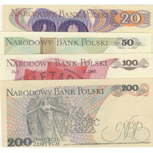 Poland 20 Zlotych, 50 Zlotych, 100 Zlotych and 200 Zlotych, 1982/1988, AUNC / UNC, (Total 4 banknotes