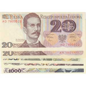 Poland, 20 Zlotych (2), 50 Zlotych, 100 Zlotych and 1000 Zlotych, 1982/1988, UNC, (Total 5 banknotes)