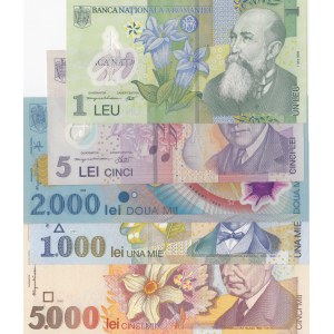 Romania, 1 Leu, 5 Lei, 1.000 Lei, 2.000 Lei and 5.000 Lei, 1998/2005, UNC, (Total 5 banknotes)