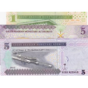 Saudi Arabian, 1 Riyal, 5 Riyals, 5 Riyals, 2007/2016, UNC, (Total 3 banknotes)