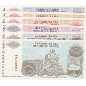 Serbia, 5000 Dinara, 50000 Dinara (2), 100000 Dinara, 500000 Dinara and 100000000 Dinara, 1993, UNC, (Total 6 banknotes)