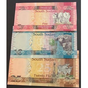 South Sudan, 5 Pounds, 10 Pounds and 20 Pounds, 2011, UNC, p6, p7, p8, (Total 3 banknotes)