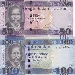 South Sudan, 50 Pounds and 100 Pounds, 2017, UNC, p14c, p15c, (Total 2 banknotes)