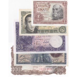 Spain, 1 Peseta, 5 Pesetas, 25 Pesetas (2) and 100 Pesetas, 1928/1970, AUNC / UNC, (Total 5 banknotes)