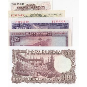Spain, 1 Peseta, 5 Pesetas, 25 Pesetas (2) and 100 Pesetas, 1928/1970, AUNC / UNC, (Total 5 banknotes)