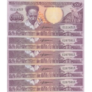 Suriname, 100 Gulden, 1986, UNC, p133, (Total 5 consecutive banknotes)