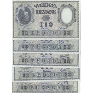 Sweden, 10 Kronor (5), 1956/1959, UNC, p43d, p43e, p43f, p43g, p43h, (Total 5 banknotes)