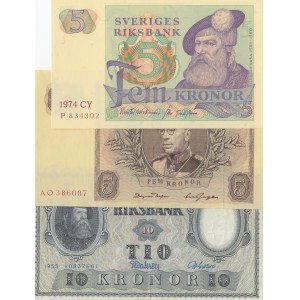 Sweden, 5 Kronor (2) and 10 Kronor, 1955/1963/1974, XF/ AUNC / UNC, p43b, p50b, p31r3, (Total 3 banknotes)