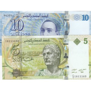 Tunisia, 5 Dinars and 10 Dinars, 2013, UNC, p95, p96, (Total 2 banknotes)
