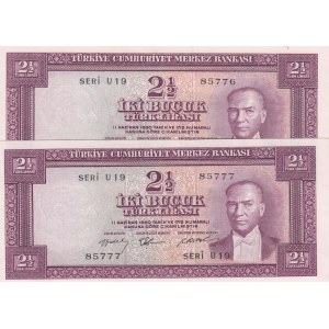 Turkey, 2 1/2 Lira, 1955, UNC, 5/2. Emission, p151, (Total 2 consecutive banknotes)