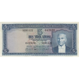 Turkey, 5 Lira, 1959, AUNC, 5/2. Emission, p155