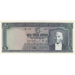 Turkey, 5 Lira, 1965, AUNC, 5/4. Emission, p174