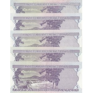 Turkey, 5 Lira, 1968, AUNC/ UNC, 6/1. Emission, p179, (Total 5 banknotes)