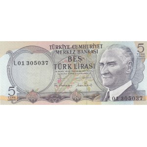 Turkey, 5 L İra, 1976, UNC, 6/2. Emission, p185, L01 first prefix