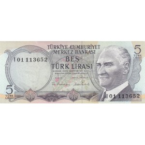 Turkey, 5 Lira, 1976, UNC, 6/2. Emission, p185, I01 first prefix