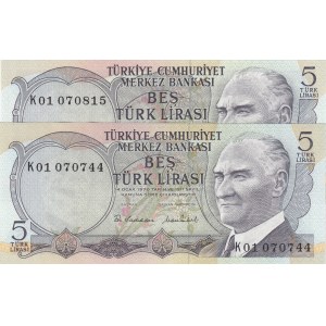 Turkey, 5 Lira, 1976, UNC, 6/2. Emission, p185, K01 first prefix, (Total 2 banknotes)