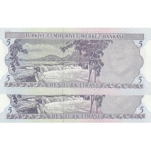Turkey, 5 Lira, 1976, UNC, 6/2. Emission, p185, K01 first prefix, (Total 2 banknotes)
