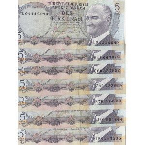 Turkey, 5 Lira, 1976, UNC, 6/2. Emission, p185, (Total 7 banknotes)