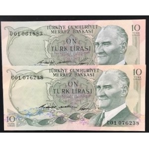 Turkey, 10 Lira, 1966, AUNC, 6/1. Emission, p180, C01 and D01 first prefix, (Total 2 banknotes)