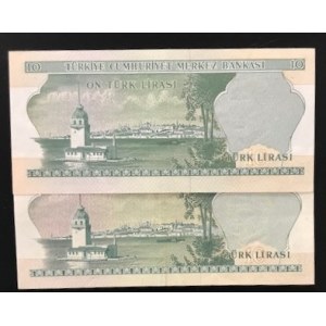 Turkey, 10 Lira, 1966, AUNC, 6/1. Emission, p180, C01 and D01 first prefix, (Total 2 banknotes)