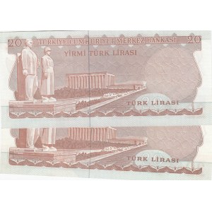 Turkey, 20 Lira, 1979, UNC,6/3. Emission, p187, G01 first prefix and G90 last prefix