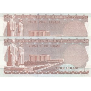 Turkey, 20 Lira, 1979, UNC, 6/3. Emission, p187, PHOSPHORUS  NON-PHOSPHORUS SET, (Total 2 banknotes)