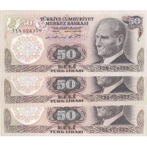 Turkey, 50 Lira, 1976/1983, UNC, 6/1 and 6/2. Emission, p187A, PHOSPHORUS  NON-PHOSPHORUS SET, (Total 3 banknotes)