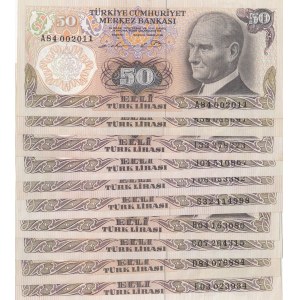 Türkiye, 50 Lira, 1976/1983, UNC, 6/1. and 6/2. Emission, p187A, FULL LETTER SET, (Total 10 banknotes)