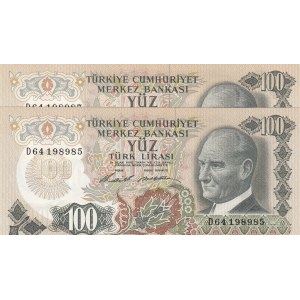 Turkey, 100 Lira, 1972, AUNC, 7/1. Emission, p189, (Total 2 banknotes)