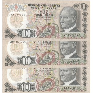 Turkey, 100 Lira, 1979, UNC, 6/2. Emission, p189, (Total 3 banknotes)