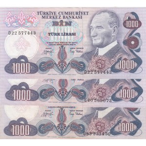 Turkey, 1.000 Lira, 1979, VF/XF, 6/2. Emission, p191, (Total 3 banknotes)