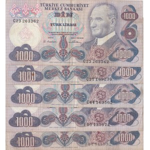 Turkey, 1.000 Lira, 1978/1981, FINE / VF,  6/1, 6/2, /6/3. Emission, p191, (Total 5 banknotes)