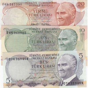Turkey, 5 Lira, 10 Lira and 20 Lira, 1966/1979, UNC, 6. Emission, p179, p180, p187, (Total 3 banknotes)