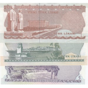 Turkey, 5 Lira, 10 Lira and 20 Lira, 1966/1979, UNC, 6. Emission, p179, p180, p187, (Total 3 banknotes)