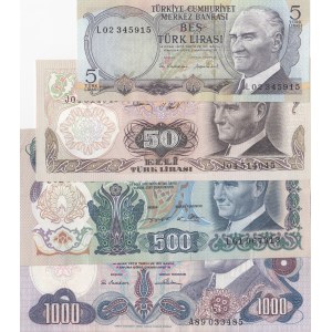 Turkey, 5 Lira, 50 Lira, 500 Lira and 1.000 Lira, 1974/1983, XF/UNC, (Total 4 banknotes)