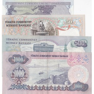 Turkey, 5 Lira, 50 Lira, 500 Lira and 1.000 Lira, 1974/1983, XF/UNC, (Total 4 banknotes)