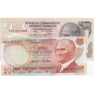 Turkey, 20 Lira and 100 Lira, 1979/1983, UNC, 6. Emission, p187, p187A, (Total 2 banknotes)