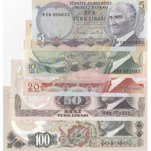 Turkey, 5 Lira, 10 Lira, 20 Lira, 50 Lira and 100 Lira, 1976/1983, UNC, 6. Emission set, (Total 5 banknotes)