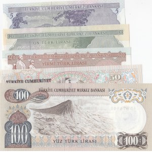 Turkey, 5 Lira, 10 Lira, 20 Lira, 50 Lira and 100 Lira, 1976/1983, UNC, 6. Emission set, (Total 5 banknotes)