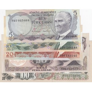 Turkey, 5 Lira, 10 Lira, 20 Lira, 50 Lira and 100 Lira, 1976/1983, UNC, 6. Emision set, (Total 5 banknotes)